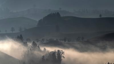 Hills fog trees image 4k wallpaper