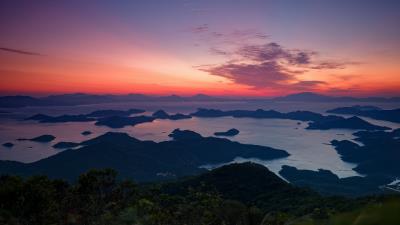 Hills sunset sea 4k wallpaper