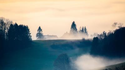Hills trees fog image 4k wallpaper