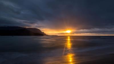 Horizon sunset clouds sea shore 4k wallpaper