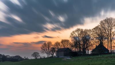 House trees sunset 4k wallpaper