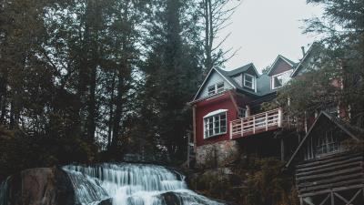 House waterfall building 4k wallpaper