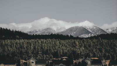 Houses forest mountains 4k wallpaper