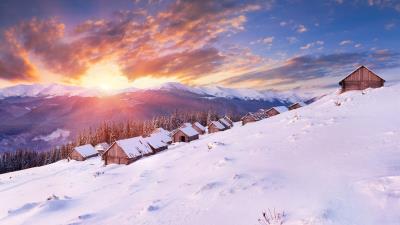 Houses snow slope mountain sunset sun evening light wood wallpaper 4k wallpaper