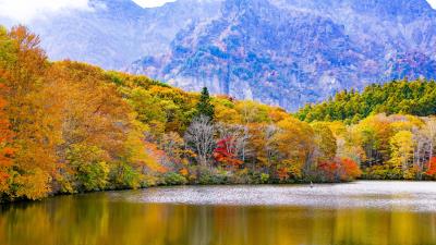 Japan togakushi lake mountains trees autumn 4k wallpaper