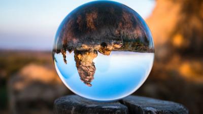 Koenigstein bowl glass tree stump reflection mountains 4k wallpaper