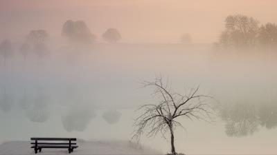 Lake fog bench 4k wallpaper