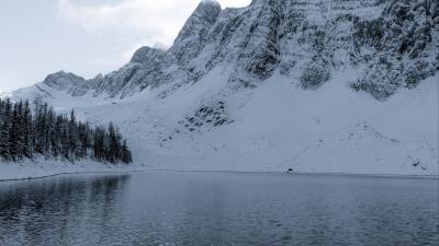 Lake mountain snow 4k wallpaper