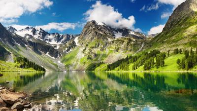 Lake mountains grass sky summer 4k wallpaper