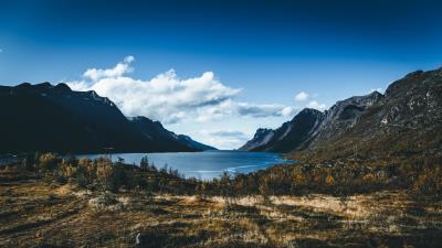 Lake mountains grass 4k wallpaper