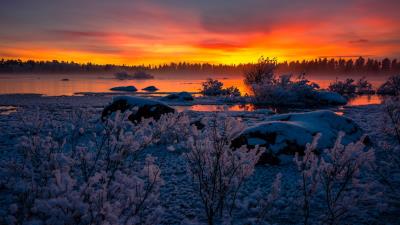 Lake Nature Snow Sunset 4k wallpaper