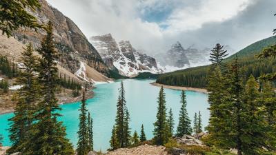 Lake mountains shore photo 4k wallpaper