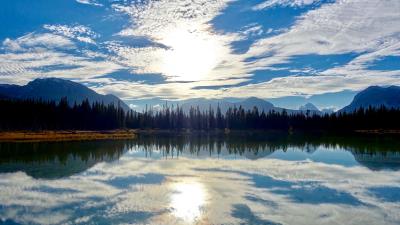 Lake mountains sky clouds reflection 4k wallpaper