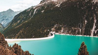 Lake mountains slopes 4k wallpaper