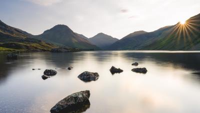 Lake mountains stones pic 4k wallpaper