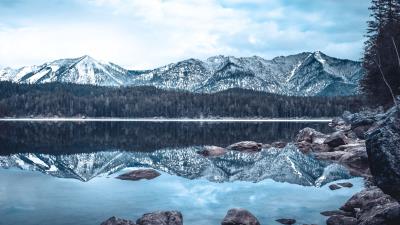 Lake mountains winter 4k wallpaper