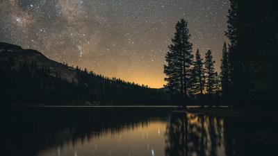 Lake night starry sky 4k wallpaper