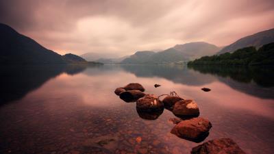 Lake rock mountains 4k wallpaper