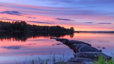 Lake stones sunset image 4k wallpaper