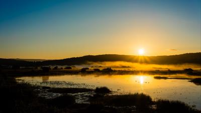 Lake sunset grass 4k wallpaper