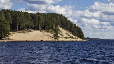 Lake trees coast sky 4k wallpaper