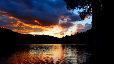 Lake trees sunset picture 4k wallpaper