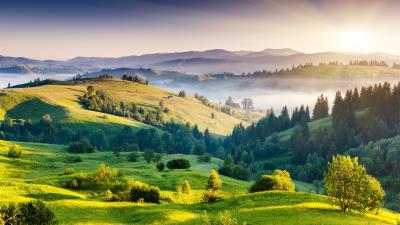 Landscape nature hills trees foliage fog sunrise sun 4k wallpaper