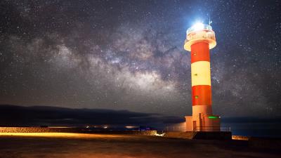 Lighthouse starry sky milky way 4k wallpaper