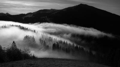 Mountain fog bw 4k wallpaper