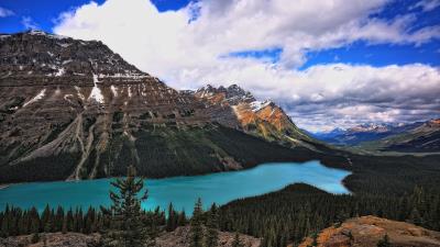 Mountain river sky clouds trees view from above 4k wallpaper