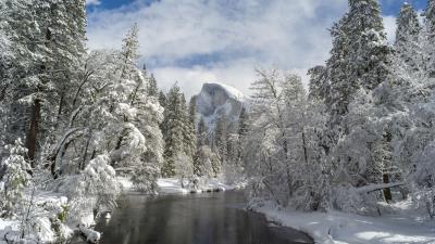 Mountain river snow trees 4k wallpaper