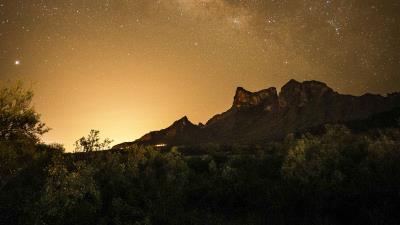 Mountains bushes starry sky 4k wallpaper