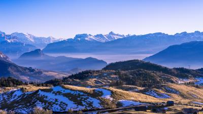 Mountains distance snow trees 4k wallpaper