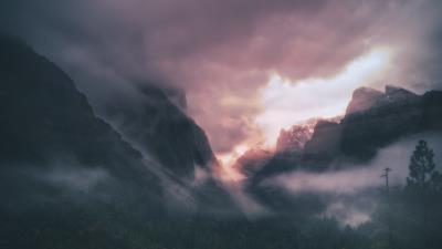 Mountains fog trees 4k wallpaper