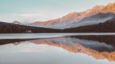 Mountains house lake reflection 4k wallpaper