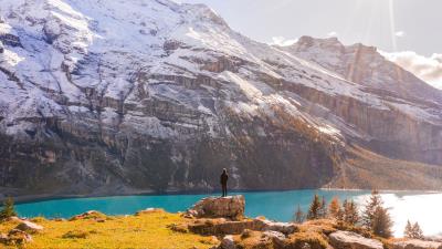 Mountains lake man 4k wallpaper