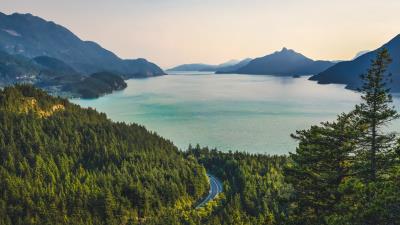 Mountains lake trees road 4k wallpaper