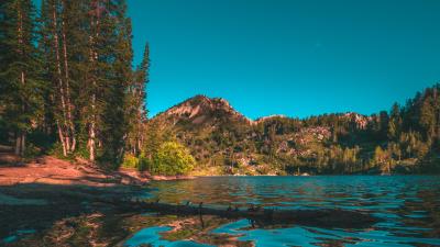 Mountains lake trees wall 4k wallpaper