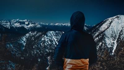 Mountains man back view sunset 4k wallpaper