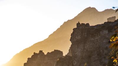 Mountains rocks bushes 4k wallpaper