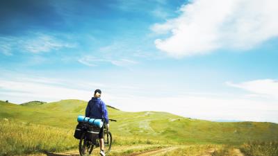 Mountains slopes travel bicycle back girl 4k wallpaper