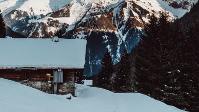 Mountains snow house 4k wallpaper