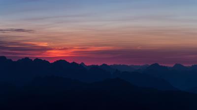 Mountains sunset sky horizon 4k wallpaper