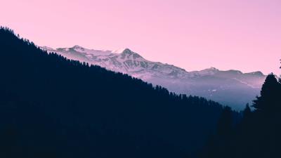 Mountains sunset trees 4k wallpaper