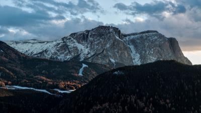 Mountains top sky trees clouds 4k wallpaper