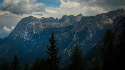 Mountains trees clouds 4k wallpaper