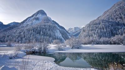 Mountains trees frozen lake winter landscape 4k wallpaper