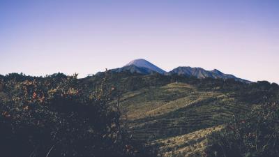 Mountains trees grass sky 4k wallpaper