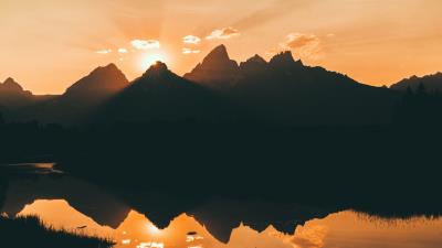 Mountains water sunset 4k wallpaper