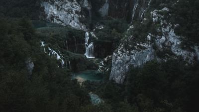 Mountains waterfall aerial view 4k wallpaper